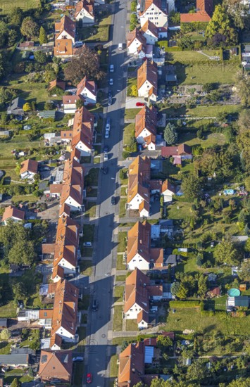 Aerial view, Ebertstraße housing estate, Lippstadt, Soest district, North Rhine-Westphalia, Germany, DE, single-family homes, Europe, gardens, property tax, green trees, real estate, Soest-Buch district, Soest-Buch district, aerial photography, aerial photography, aerial view, terraced houses, overview, bird's-eye view, housing estate, living and living, residential area, residential buildings, quality of living, residential neighbourhood, housing estate, birds-eyes view, overview, red roofs
