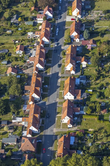 Aerial view, Ebertstraße housing estate, Lippstadt, Soest district, North Rhine-Westphalia, Germany, DE, single-family homes, Europe, gardens, property tax, green trees, real estate, Soest-Buch district, Soest-Buch district, aerial photography, aerial photography, aerial view, terraced houses, overview, bird's-eye view, housing estate, living and living, residential area, residential buildings, quality of living, residential neighbourhood, housing estate, birds-eyes view, overview, red roofs
