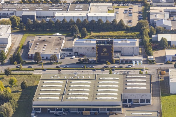 Aerial view, Peters SchokoWelt, chocolate factory, Lippstadt, district of Soest, North Rhine-Westphalia, Germany, DE, world of experience, Europe, commercial area, commercial area, commercial location, commercial use, Hansastraße, Ideal Schweißbedarf, industrial area, industrial location, Kreis-Soest-Buch, KreisSoestBuch, aerial photograph, aerial photography, aerial photography, museum, Peters Pralinen, chocolate museum, overview, bird's-eye view, birds-eyes view, overview