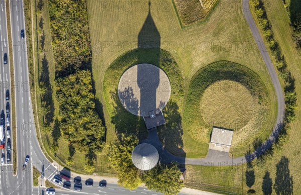 Aerial view, water tower Lippstadt, Lippstadt, district Soest, North Rhine-Westphalia, Germany, Bökenförder Straße, Columna infinita, DE, monument protection, Europe, industrial monument, district Soest-Buch, district Soest-Buch, art object, aerial view, aerial photography, aerial photography, shadow casting, sight, overview, bird's eye view, landmark, birds-eyes view, overview