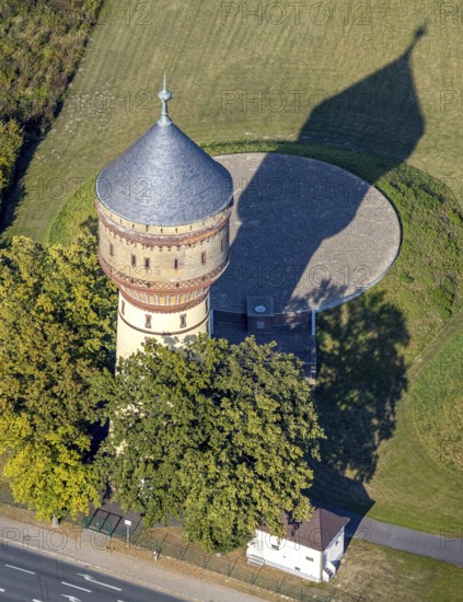 Aerial view, water tower Lippstadt, Lippstadt, district Soest, North Rhine-Westphalia, Germany, Bökenförder Straße, Columna infinita, DE, monument protection, Europe, industrial monument, district Soest-Buch, district Soest-Buch, art object, aerial view, aerial photography, aerial photography, shadow casting, sight, overview, bird's eye view, landmark, birds-eyes view, overview