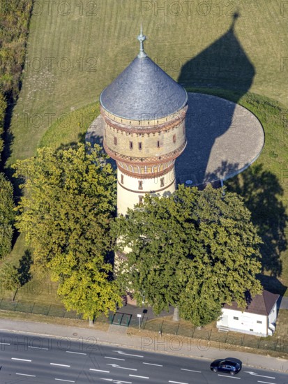 Aerial view, water tower Lippstadt, Lippstadt, district Soest, North Rhine-Westphalia, Germany, Bökenförder Straße, Columna infinita, DE, monument protection, Europe, industrial monument, district Soest-Buch, district Soest-Buch, art object, aerial view, aerial photography, aerial photography, shadow casting, sight, overview, bird's eye view, landmark, birds-eyes view, overview