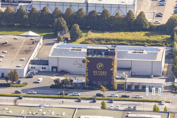 Aerial view, Peters SchokoWelt, chocolate factory, Lippstadt, district of Soest, North Rhine-Westphalia, Germany, DE, world of experience, Europe, Hansastrasse, district of Soest-Buch, district of Soest-Buch, aerial view, aerial photography, aerial photography, museum, Peters Pralinen, chocolate museum, overview, bird's-eye view, overview