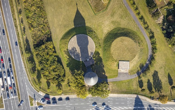 Aerial view, water tower Lippstadt, Lippstadt, district Soest, North Rhine-Westphalia, Germany, Bökenförder Straße, Columna infinita, DE, monument protection, Europe, industrial monument, district Soest-Buch, district Soest-Buch, art object, aerial view, aerial photography, aerial photography, shadow casting, sight, overview, bird's eye view, landmark, birds-eyes view, overview