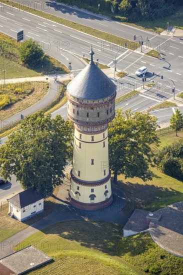 Aerial view, water tower Lippstadt, Lippstadt, district Soest, North Rhine-Westphalia, Germany, Bökenförder Straße, Columna infinita, DE, monument protection, Europe, industrial monument, district Soest-Buch, district Soest-Buch, art object, aerial photograph, aerial photography, aerial photography, sight, overview, bird's-eye view, landmark, birds-eyes view, overview
