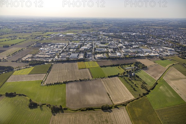 Aerial view, commercial area Am Wasserturm, Bökenförder Straße, Lippstadt, district of Soest, North Rhine-Westphalia, Germany, Berliner Straße, federal road B55, DE, Europe, distant view, commercial enterprises, commercial area, commercial park, commercial location, commercial use, industrial monument, industrial area, industrial building, industrial location, district of Soest-Buch, district of Soest-Buch, aerial view, aerial photography, aerial photography, overview, bird's-eye view, landmark, meadows and fields, birds-eyes view, overview