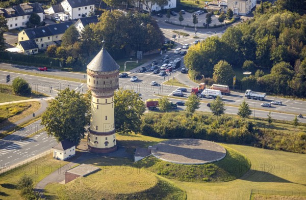 Aerial view, water tower Lippstadt, Lippstadt, district Soest, North Rhine-Westphalia, Germany, Bökenförder Straße, Columna infinita, DE, monument protection, Europe, industrial monument, district Soest-Buch, district Soest-Buch, art object, aerial photograph, aerial photography, aerial photography, sight, overview, bird's-eye view, landmark, birds-eyes view, overview