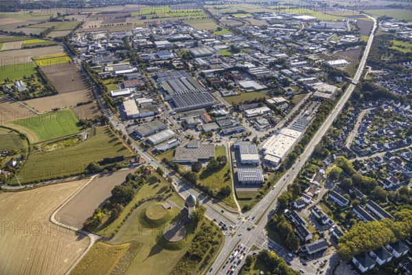 Aerial view, industrial estate Am Wasserturm, Bökenförder Straße, Lippstadt, district of Soest, North Rhine-Westphalia, Germany, Berliner Straße, federal road B55, Columna infinita, DE, monument protection, Europe, commercial enterprises, commercial area, industrial estate, commercial park, commercial location, commercial use, industrial monument, industrial area, industrial building, industrial site, Kreis-Soest-Buch, KreisSoestBuch, art object, aerial photograph, aerial photography, aerial photography, sight, overview, bird's-eye view, landmark, water tower Lippstadt, birds-eyes view, overview