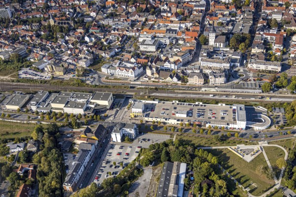 Aerial view, aerial view Lippstadt south, main station, Konrad-Adenauer-Ring, Lippstadt, district Soest, North Rhine-Westphalia, Germany, railway tracks, railway station, Cineplex Lippstadt, City, DE, Deutsche Bahn AG, Europe, main station, city centre, cinema, district Soest-Buch, district Soest-Buch, aerial view, aerial photography, aerial photography, MediaMarkt, local view, townscape, city area, city centre, overview, bird's-eye view, bird's-eye view, overview