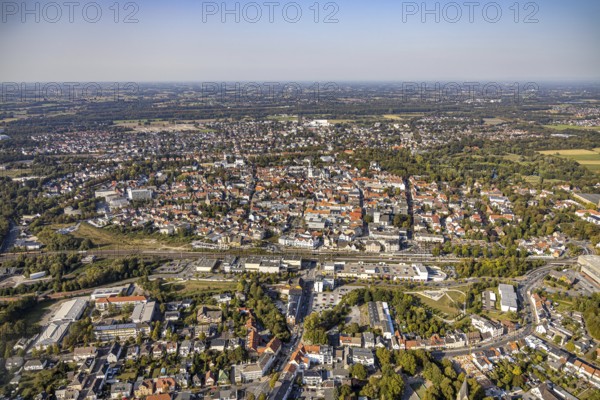 Aerial view, aerial view Lippstadt south, main station, Konrad-Adenauer-Ring, Lippstadt, district Soest, North Rhine-Westphalia, Germany, railway tracks, railway station, Cineplex Lippstadt, City, DE, Deutsche Bahn AG, Europe, main station, city centre, cinema, district Soest-Buch, district Soest-Buch, aerial view, aerial photography, aerial photography, MediaMarkt, local view, townscape, city area, city centre, overview, bird's-eye view, bird's-eye view, overview