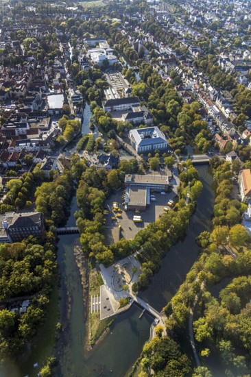 Aerial photo, Im Grünen Winkel Spielplatz Entenei, River Lippe, Lippstadt, Soest district, North Rhine-Westphalia, Germany, education, educational institution, DE, Deutsche Post DHL, Europe, Europaschule Ostendorf-Gymnasium, gastronomy, primary school, grammar school, Hanse-Kolleg, hotel, hotel facilities, hotel industry, IHK-Bildungsinstitut Hellweg-Sauerland, Kollegschule, Kreis-Soest-Buch, KreisSoestBuch, culture, art, educational institute, aerial photography, aerial photography, Nikolaischule, Quality Hotel Lippstadt, shipping canal, school, Stadttheater Lippstadt, theatre, overview, events, venue, event location, bird's-eye view, birds-eyes view, cultural use, overview