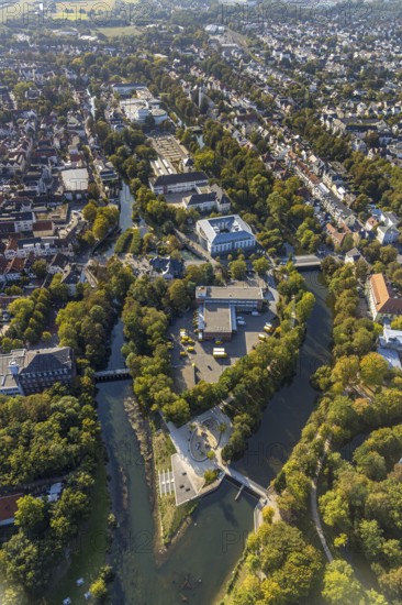 Aerial view, View of town, Im Grünen Winkel Spielplatz Entenei, River Lippe, Stadttheater Lippstadt, Lippstadt, Kreis Soest, North Rhine-Westphalia, Germany, education, educational institution, DE, Deutsche Post DHL, Europe, Europaschule Ostendorf-Gymnasium, gastronomy, primary school, grammar school, Hanse-Kolleg, hotel, hotel facilities, hotel industry, IHK-Bildungsinstitut Hellweg-Sauerland, Kollegschule, Kreis-Soest-Buch, KreisSoestBuch, culture, art, educational institute, aerial photography, aerial photography, aerial photography, Nikolaischule, Quality Hotel Lippstadt, shipping canal, school, theatre, overview, events, event location, event venue, bird's-eye view, birds-eyes view, cultural use, overview