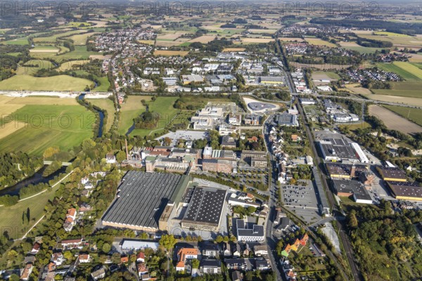 Aerial view, Campus Lippstadt, Hamm-Lippstadt University of Applied Sciences, Rixbecker Straße industrial estate, Lippstadt, Soest district, North Rhine-Westphalia, Germany, education, educational institution, educational institute, DE, Dr.-Arnold-Hueck-Straße, Europe, research institute, commercial enterprises, commercial area, commercial park, commercial location, commercial use, HELLA GmbH, Himmelreich, university, industrial area, industrial building, industrial location, Kreis-Soest-Buch, KreisSoestBuch, educational institute, aerial photograph, aerial photography, aerial photography, overview, bird's-eye view, birds-eyes view, overview