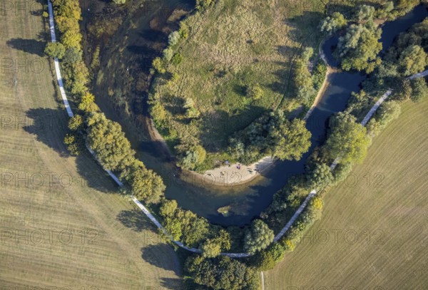 Aerial view, river Lippe, Lippe lido, Lippe floodplain west, Hagedornsweg, Lippstadt, district Soest, North Rhine-Westphalia, Germany, bathers, bathing resort, DE, Europe, leisure, leisure pool, leisure activities, leisure enjoyment, district Soest-Buch, district Soest-Buch, cultural landscape, aerial view, aerial photography, aerial photography, nature reserve, nature reserve, lido, overview, bird's eye view, hiking area, birds-eyes view, overview