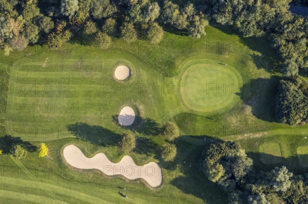 Aerial view, golf course, GolfClub Lippstadt, Lippstadt, Kreis Soest, North Rhine-Westphalia, Germany, DE, Europe, shapes and colours, golf, golf course, golf club, Kreis-Soest-Buch, KreisSoestBuch, aerial photograph, aerial photography, aerial photography, sports, overview, bird's-eye view, forest area, Wiesenhausweg, birds-eyes view, overview