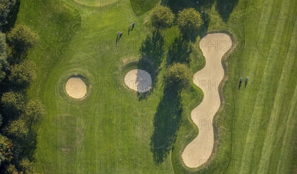 Aerial view, golf course, GolfClub Lippstadt, Lippstadt, Kreis Soest, North Rhine-Westphalia, Germany, DE, Europe, shapes and colours, golf, golf course, golf club, Kreis-Soest-Buch, KreisSoestBuch, aerial photograph, aerial photography, aerial photography, sports, overview, bird's-eye view, forest area, Wiesenhausweg, birds-eyes view, overview