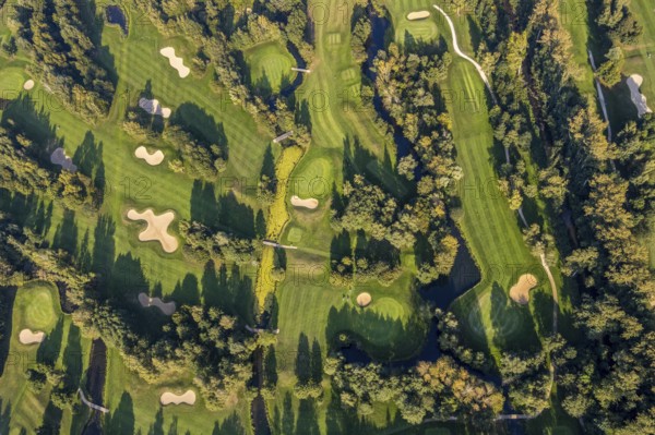 Aerial view, golf course, GolfClub Lippstadt, Lippstadt, Kreis Soest, North Rhine-Westphalia, Germany, DE, Europe, shapes and colours, golf, golf course, golf club, Kreis-Soest-Buch, KreisSoestBuch, aerial photograph, aerial photography, aerial photography, sports, overview, bird's-eye view, forest area, Wiesenhausweg, birds-eyes view, overview