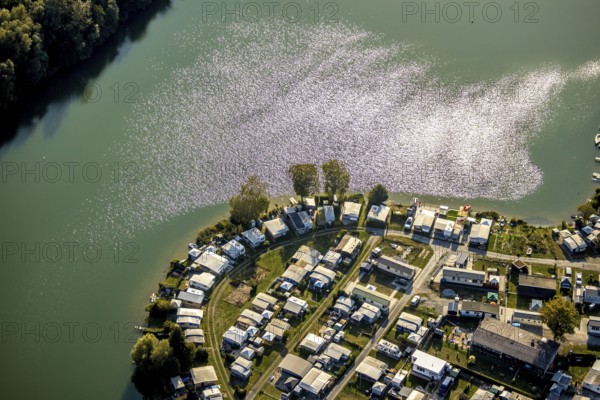 Aerial view, Camping Margaretensee, Lippstadt, Kreis Soest, North Rhine-Westphalia, Germany, camping, camping site, camping houses, camping mobile, camping site, DE, Europe, leisure, hobby, Kreis-Soest-Buch, KreisSoestBuch, aerial view, aerial photography, aerial photography, lake, overview, bird's-eye view, motorhome, caravan, birds-eyes view, overview