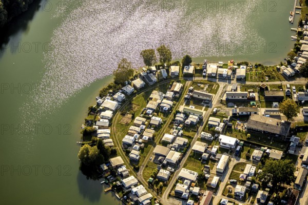 Aerial view, Camping Margaretensee, Lippstadt, Kreis Soest, North Rhine-Westphalia, Germany, camping, camping site, camping houses, camping mobile, camping site, DE, Europe, leisure, hobby, Kreis-Soest-Buch, KreisSoestBuch, aerial view, aerial photography, aerial photography, lake, overview, bird's-eye view, motorhome, caravan, birds-eyes view, overview