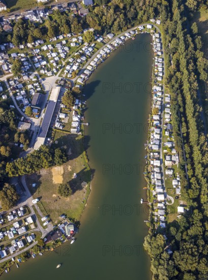Aerial view, Camping Margaretensee, Lippstadt, Kreis Soest, North Rhine-Westphalia, Germany, camping, camping site, camping houses, camping mobile, camping site, DE, Europe, leisure, hobby, Kreis-Soest-Buch, KreisSoestBuch, aerial view, aerial photography, aerial photography, lake, overview, bird's-eye view, motorhome, caravan, birds-eyes view, overview