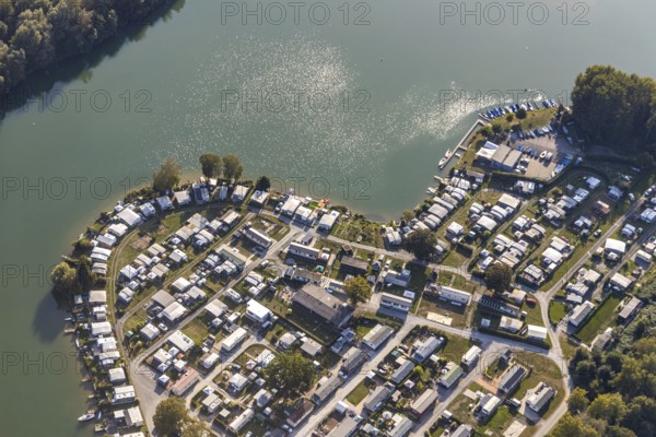 Aerial view, Camping Margaretensee, Lippstadt, Kreis Soest, North Rhine-Westphalia, Germany, camping, camping site, camping houses, camping mobile, camping site, DE, Europe, leisure, hobby, Kreis-Soest-Buch, KreisSoestBuch, aerial view, aerial photography, aerial photography, lake, overview, bird's-eye view, motorhome, caravan, birds-eyes view, overview