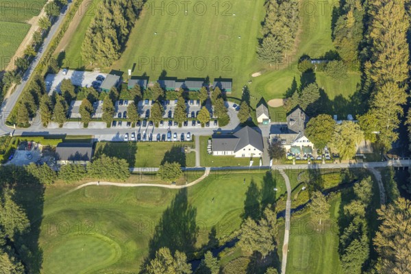 Aerial view, golf course, GolfClub Lippstadt, driving range, Lippstadt, Kreis Soest, North Rhine-Westphalia, Germany, DE, Europe, golf, golf course, golf club, Kreis-Soest-Buch, KreisSoestBuch, aerial view, aerial photography, aerial photography, sports, overview, bird's-eye view, forest area, Wiesenhausweg, birds-eyes view, overview, practice area