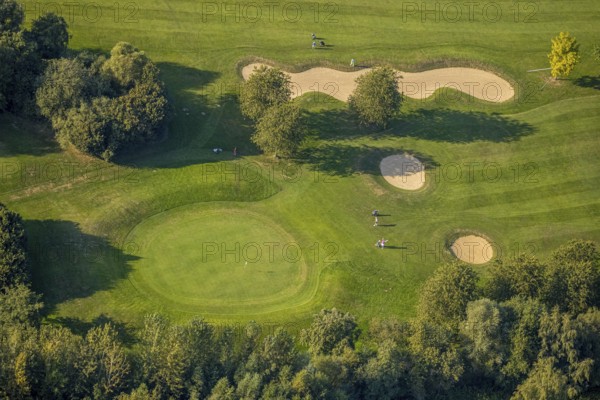 Aerial view, golf course, GolfClub Lippstadt, Lippstadt, Kreis Soest, North Rhine-Westphalia, Germany, DE, Europe, shapes and colours, golf, golf course, golf club, Kreis-Soest-Buch, KreisSoestBuch, aerial photograph, aerial photography, aerial photography, sports, overview, bird's-eye view, forest area, Wiesenhausweg, birds-eyes view, overview