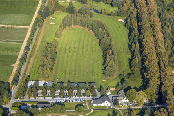 Aerial view, golf course, GolfClub Lippstadt, driving range, Lippstadt, Kreis Soest, North Rhine-Westphalia, Germany, DE, Europe, golf, golf course, golf club, Kreis-Soest-Buch, KreisSoestBuch, aerial view, aerial photography, aerial photography, sports, overview, bird's-eye view, forest area, Wiesenhausweg, birds-eyes view, overview, practice area