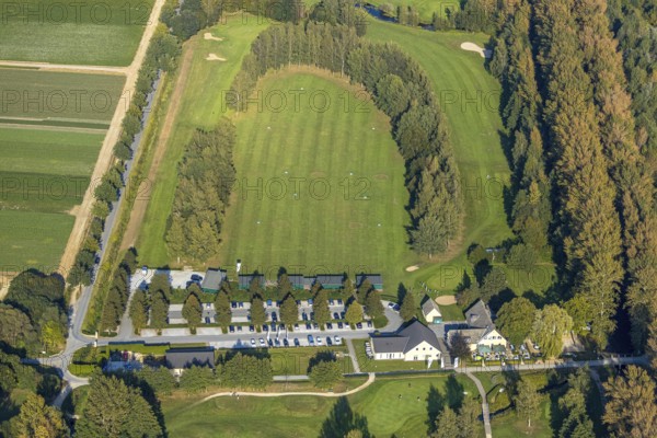 Aerial view, golf course, GolfClub Lippstadt, driving range, Lippstadt, Kreis Soest, North Rhine-Westphalia, Germany, DE, Europe, golf, golf course, golf club, Kreis-Soest-Buch, KreisSoestBuch, aerial view, aerial photography, aerial photography, sports, overview, bird's-eye view, forest area, Wiesenhausweg, birds-eyes view, overview, practice area
