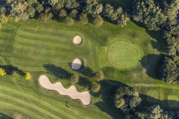 Aerial view, golf course, GolfClub Lippstadt, Lippstadt, Kreis Soest, North Rhine-Westphalia, Germany, DE, Europe, shapes and colours, golf, golf course, golf club, Kreis-Soest-Buch, KreisSoestBuch, aerial photograph, aerial photography, aerial photography, sports, overview, bird's-eye view, forest area, Wiesenhausweg, birds-eyes view, overview