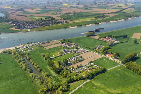 Aerial view, camping site Grietherort, river Rhine, view to Grieth, Rees, Lower Rhine, North Rhine-Westphalia, Germany, camping site, camping ground, DE, Europe, leisure facility, leisure activities, aerial view, aerial photography, aerial photography, navigation, overview, bird's-eye view, overview
