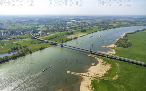 Aerial view, RheinBrücke Rees, river Rhine, Rees, Lower Rhine, North Rhine-Westphalia, Germany, bridge, DE, Europe, aerial view, aerial photography, aerial photography, navigation, overview, bird's-eye view, overview