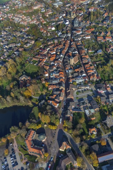 Aerial view, town hall Schermbeck, Weseler Straße, town view, Schermbeck, Ruhr area, North Rhine-Westphalia, Germany, old town, place of worship, authority, DE, Europe, religious community, place of worship, property tax, holy place, real estate, church, parish, denomination, aerial view, aerial photography, aerial photography, town hall, religion, religious site, townscape, urban area, city administration, city centre, overview, bird's-eye view, housing estate, living and life, residential area, residential buildings, residential quality, residential quarter, housing estate, birds-eyes view, former Reformed Church, evang. Georgskirche Schermbeck, catholic St. Ludgerus church, overview