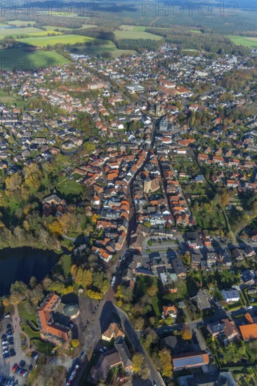 Aerial view, town hall Schermbeck, Weseler Straße, town view, Schermbeck, Ruhr area, North Rhine-Westphalia, Germany, old town, place of worship, authority, DE, Europe, religious community, place of worship, property tax, holy place, real estate, church, parish, denomination, aerial view, aerial photography, aerial photography, town hall, religion, religious site, townscape, urban area, city administration, city centre, overview, bird's-eye view, housing estate, living and life, residential area, residential buildings, residential quality, residential quarter, housing estate, birds-eyes view, former Reformed Church, evang. Georgskirche Schermbeck, catholic St. Ludgerus church, overview