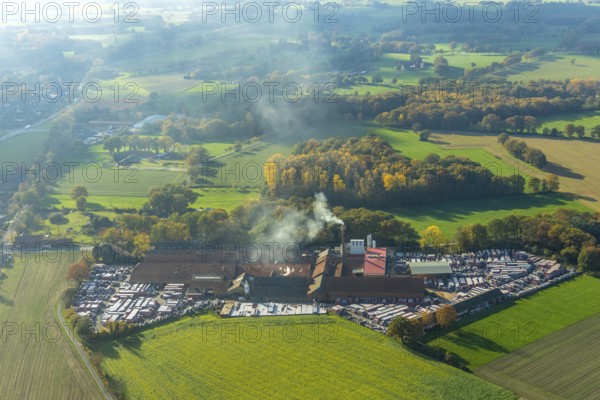 Aerial view, Dachziegelwerke Nelskamp, Schermbeck, Ruhr area, North Rhine-Westphalia, Germany, DE, Europe, commercial enterprises, commercial area, commercial park, commercial location, commercial use, industrial area, industrial building, industrial location, aerial photograph, aerial photography, aerial photography, overview, bird's-eye view, forest path, birds-eyes view, overview