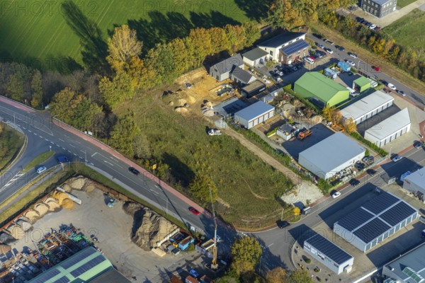Aerial view, construction site Hufenkampweg, industrial estate Heetwinkel, Altschermbeck, Schermbeck, Ruhr area, North Rhine-Westphalia, Germany, construction work, building, construction area, building site, building plots, construction project, construction site, DE, Europe, aerial view, aerial photography, aerial photography, aerial photography, new building, overview, bird's-eye view, overview