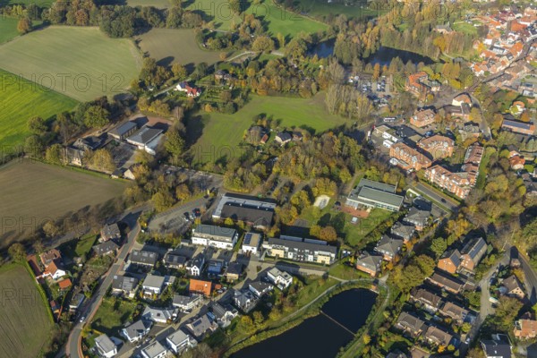 Aerial view, indoor swimming pool, shopping centre, Schermbeck, Ruhr area, North Rhine-Westphalia, Germany, Am Hallenbad, DE, Europe, aerial view, aerial photography, aerial photography, pond, pond at Mühlenbach, overview, bird's-eye view, Weseler Straße, meadows and fields, birds-eyes view, overview