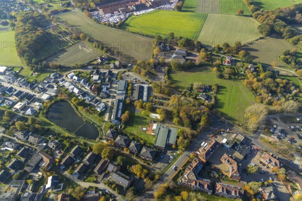 Aerial view, indoor swimming pool, shopping centre, Schermbeck, Ruhr area, North Rhine-Westphalia, Germany, Am Hallenbad, DE, Europe, aerial view, aerial photography, aerial photography, pond, pond at Mühlenbach, overview, bird's-eye view, Weseler Straße, meadows and fields, birds-eyes view, overview
