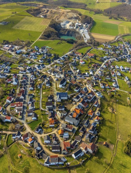 Aerial view, St. Clemens Catholic Church, sports field TV 1897 Kallenhardt, Kallenhardt, Rüthen, Sauerland, North Rhine-Westphalia, Germany, DE, Europe, birds-eyes view, aerial photography, aerial photography, aerial photography, overview, bird's eye view