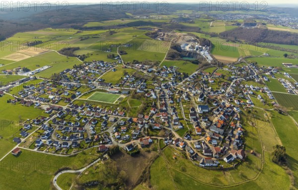 Aerial view, St. Clemens Catholic Church, sports field TV 1897 Kallenhardt, Kallenhardt, Rüthen, Sauerland, North Rhine-Westphalia, Germany, DE, Europe, birds-eyes view, aerial photography, aerial photography, aerial photography, overview, bird's eye view
