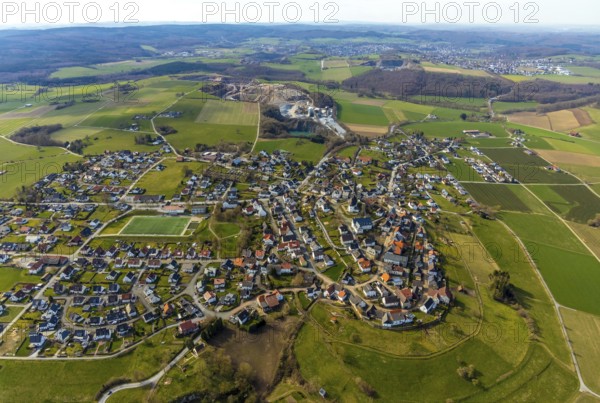 Aerial view, St. Clemens Catholic Church, sports field TV 1897 Kallenhardt, Kallenhardt, Rüthen, Sauerland, North Rhine-Westphalia, Germany, DE, Europe, birds-eyes view, aerial photography, aerial photography, aerial photography, overview, bird's eye view