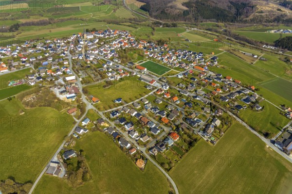 Aerial view, St. Clemens Catholic Church, Kallenhardt, Rüthen, Sauerland, North Rhine-Westphalia, Germany, DE, Europe, birds-eyes view, aerial photography, aerial photography, overview, bird's eye view