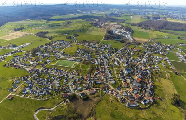 Aerial view, St. Clemens Catholic Church, sports field TV 1897 Kallenhardt, Kallenhardt, Rüthen, Sauerland, North Rhine-Westphalia, Germany, DE, Europe, birds-eyes view, aerial photography, aerial photography, aerial photography, overview, bird's eye view