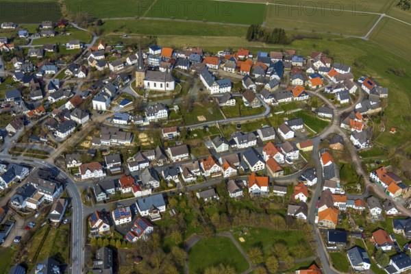 Aerial view, St. Clemens Catholic Church, Kallenhardt, Rüthen, Sauerland, North Rhine-Westphalia, Germany, DE, Europe, birds-eyes view, aerial photography, aerial photography, overview, bird's eye view