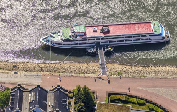 Aerial view, excursion boat pier Rees, Rhine promenade, Rees, Lower Rhine, North Rhine-Westphalia, Germany, excursion boat, DE, Europe, aerial view, aerial photography, aerial photography, boat pier, overview, bird's-eye view, overview
