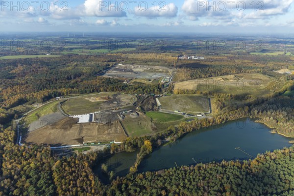 Aerial view, hazardous waste landfill Hünxe Schermbeck, AGR AbfallentsorgungsGesellschaft Ruhr Area, Gahlen, Schermbeck, Ruhr area, North Rhine-Westphalia, Germany, DE, landfill, waste disposal company, Europe, distant view, dump, autumn colours, Hünxe, aerial view, aerial photography, aerial photography, overview, bird's-eye view, forest area, birds-eyes view, overview