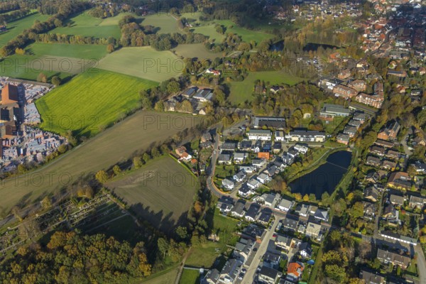 Aerial view, indoor swimming pool, shopping centre, Schermbeck, Ruhr area, North Rhine-Westphalia, Germany, Am Hallenbad, DE, Europe, aerial view, aerial photography, aerial photography, pond, pond at Mühlenbach, overview, bird's-eye view, Weseler Straße, meadows and fields, birds-eyes view, overview