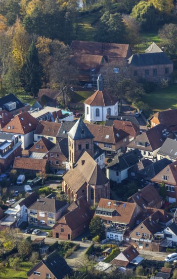 Aerial view, evang. Georgskirche Schermbeck, former reformed church (round building), Schermbeck, Ruhr area, North Rhine-Westphalia, Germany, place of worship, DE, Europe, Georgstraße, religious community, place of worship, holy place, chapel, church, parish, denomination, aerial view, aerial photography, aerial photography, religion, religious site, overview, bird's-eye view, overview
