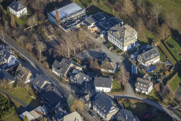 Aerial view, construction site, Gemeinschaftsgrundschule Bödefeld, Mutter-Teresa-Platz, Bödefeld, Schmallenberg, Sauerland, North Rhine-Westphalia, Germany, construction area, building site, building plots, construction project, education, educational institution, DE, Europe, GGS, primary school, teaching institute, aerial photograph, aerial photography, aerial photography, school, overview, bird's-eye view, birds-eyes view, overview