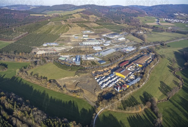 Aerial view, industrial park Hochsauerland, federal road B511, Bad Fredeburg, Wormbach, Schmallenberg, Sauerland, North Rhine-Westphalia, Germany, Bettenkamp, DE, Dickel-Holz GmbH, Europe, commercial enterprises, commercial area, commercial park, commercial location, commercial use, industrial area, industrial building, industrial location, aerial photograph, aerial photography, aerial photography, overview, bird's-eye view, overview
